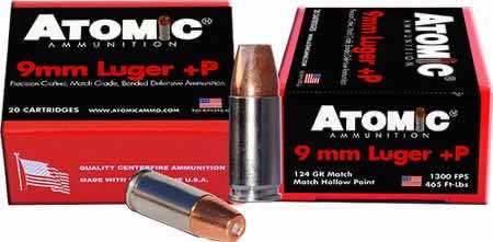 Atomic Ammunition 00454 Pistol Precision Craft 9mm Luger +P 124 gr Bonded Match Hollow Point 20 Per Box/ 10 Case