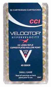 CCI 0047 Velocitor Rimfire 22 LR 40 gr Copper Plated Hollow Point 50 Per Box/ 100 Case