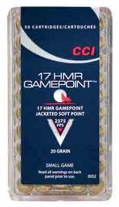 CCI 0052 Gamepoint 17 HMR 20 gr Jacketed Soft Point 50 Per Box/ 40 Case