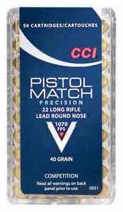 CCI 0051 Pistol Match Competition 22 LR 40 gr Lead Round Nose 50 Per Box/ 100 Case