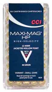 CCI 0024 Maxi-Mag Rimfire 22 WMR 40 gr Jacket Hollow Point 50 Per Box/ 40 Case