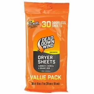 Dead Down Wind 113019 Dryer Sheets Odor Eliminator Odorless Scent Dryer Sheet 30 Per Pkg