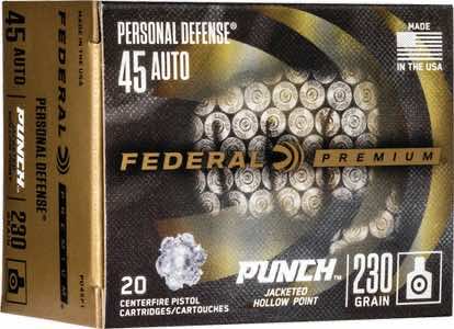 Federal PD45P1 Premium Personal Defense Punch 45 ACP 230 gr Jacketed Hollow Point 20 Per Box/ 10 Case