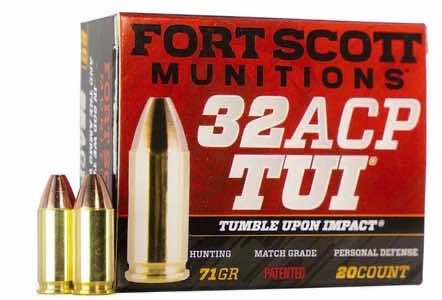 Fort Scott Munitions 32ACP71SCV Tumble Upon Impact (TUI) 32 ACP 71 gr Solid Copper Spun 20 Per Box/ 25 Case