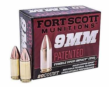 Fort Scott Munitions 9MM080SCV Tumble Upon Impact (TUI) 9mmLuger 80gr Solid Copper Spun 20 Per Box/25 Case