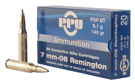 PPU PP708 Metric Rifle 7mm-08 Rem 140 gr Pointed Soft Point Boat Tail 20 Per Box/ 10 Case