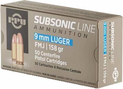 PPU PPS9MM Subsonic 9mm Luger Subsonic 158 gr Full Metal Jacket 50 Per Box/ 20 Case