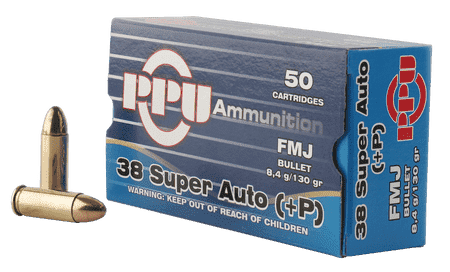 PPU PPH38SU Handgun 38 Super +P 130 gr Full Metal Jacket 50 Per Box/ 10 Case