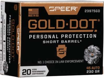 Speer 23975GD Gold Dot Personal Protection Short Barrel 45 ACP 230 gr Hollow Point 20 Per Box/ 10 Case